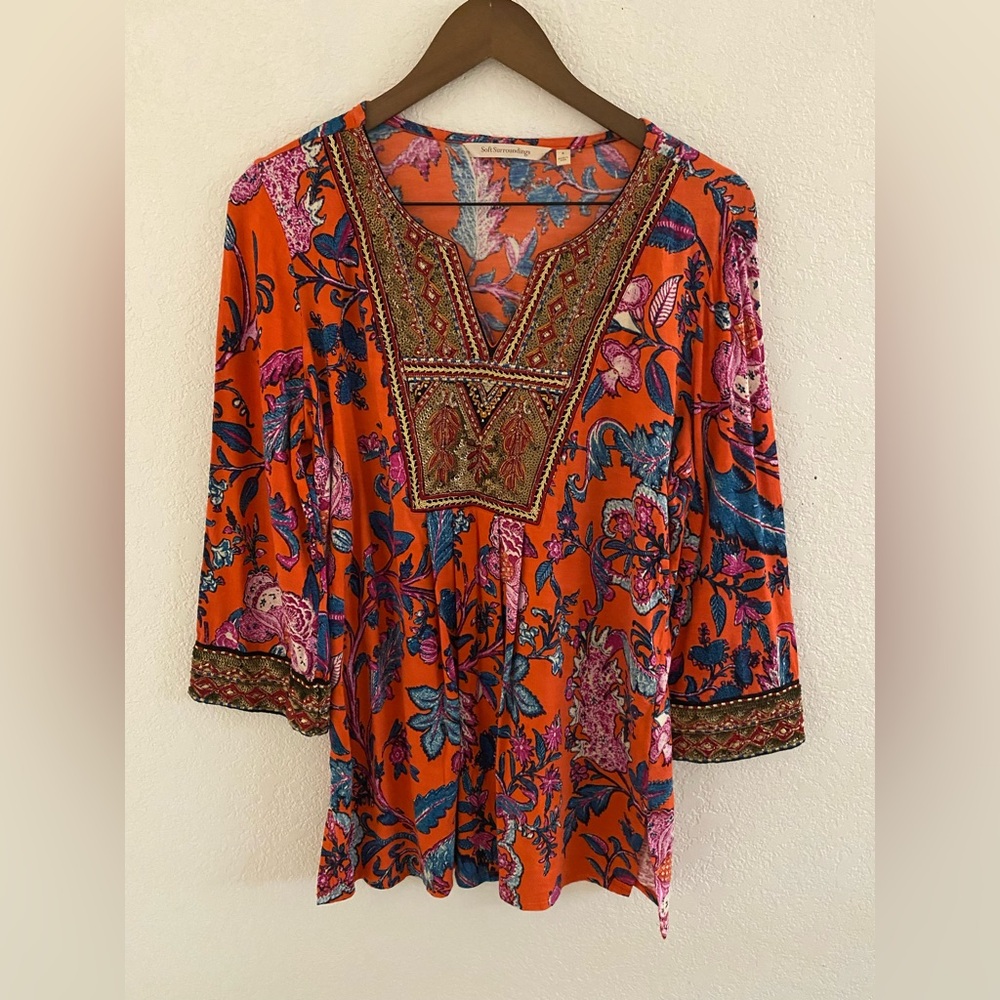 Soft Surroundings Samara Orange Floral Beaded Sequin 3/4 Sleeve Tunic Top Small